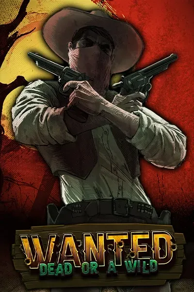 Wanted Dead or a Wild slot with masked outlaw holding guns on red background