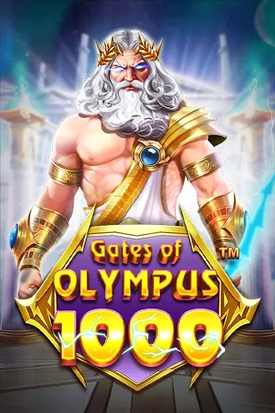 Gates of Olympus 1000 slot with Zeus holding a golden lightning bolt