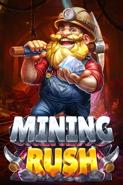 Mining Rush slot game featuring a smiling dwarf holding a diamond
