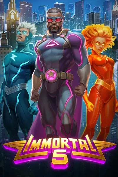 Immortal 5 slot game with superhero characters and neon effects