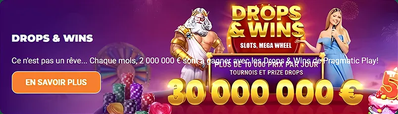 Drops & Wins avec Zeus et hôtesse, 30 millions d’euros à gagner