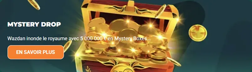 Mystery Drop avec coffre au trésor rempli de pièces dorées scintillantes